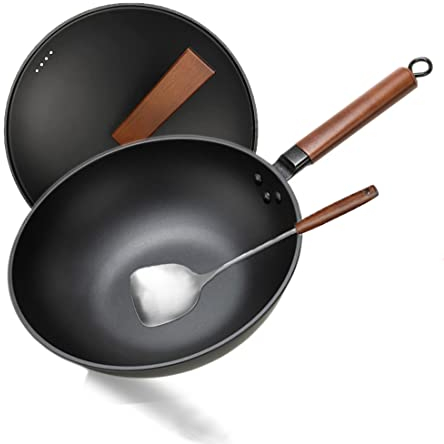 AIJOFI Wok Non Stick, 13-Inch Carbon Steel Wok with Lid,Stir-Fry Pan, Frying Pan with Spatula Stir Frying Pan,Flat Base Pan for 4-6 People,No Chemical Coated,for Induction Gas and Electric Stoves