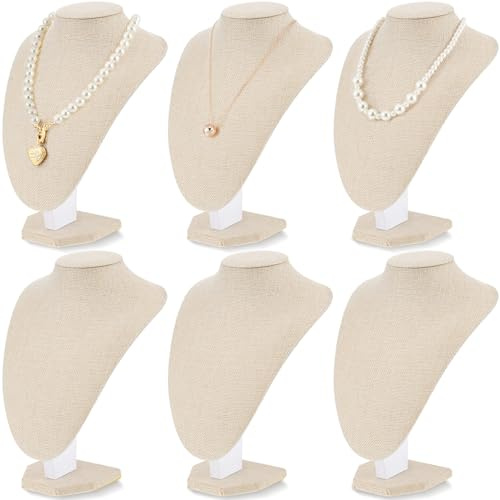 Huquary 6 Pcs Necklace Display Stand Necklace Holder Jewelry Bust Display Stands for Selling Home Store Trade Shows Photography Props Retail(Flaxen,Linen)