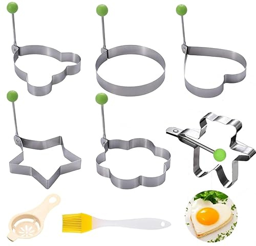 Yuqilin 6 Pezzi Stampo per Uova in Acciaio Inox, Stampo per Frittata Viene Fornito con 1 Pennello e 1 Separatore di Tuorlo, con Manico Pieghevole Stampi per Uovo Fritto, per Uova Fritte e Pancake