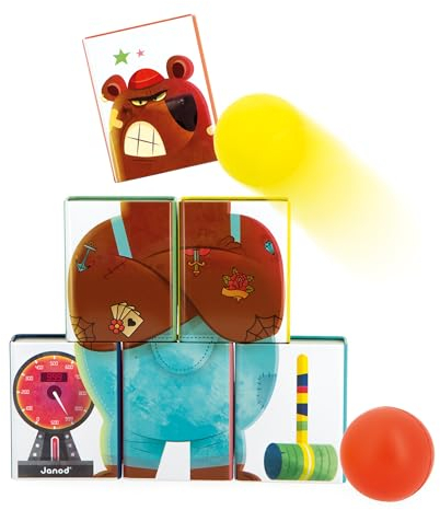 Janod - Applepop Tin Can Alley - Game of Skill - 6 Metal Tins + 2 Foam Balls - Outdoor Game - Develops Dexterity & Concentration - 3 Years +, J03359