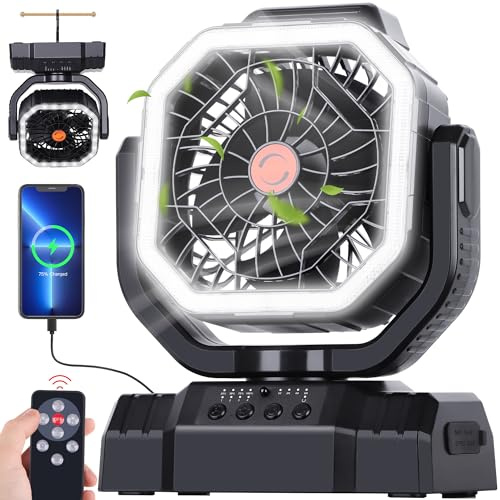 AVV 20000mAh High Speed Portable Camping Rechargeable Fan with Remote Control, Battery Powered with Auto Oscillating with Camping Essentials Accessories for Outdoor, Beach, Patio, Tent, Black