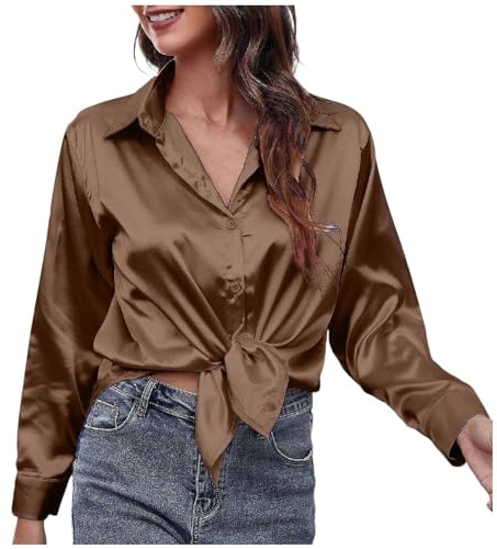 QWUVEDS Blusa de seda de satén para mujer, camisa con botones, informal, holgada, de manga larga, trabajo de oficina, blusa de edición larga, blusa elegante de encaje transparente, café, XL