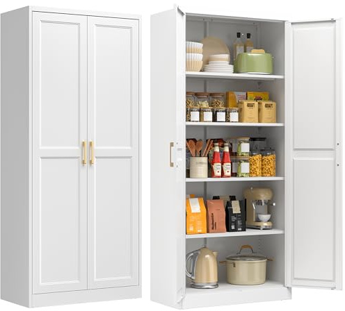 71 Kitchen Pantry Storage Cabinet,White Tall Storage Cabinet With Doors and 4 Shelves,Metal Food Pantry Cabinets for Kitchen Storage,Freestanding Cupboard for Dining Living Room,Assemble Required