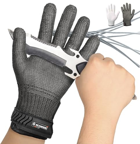 Schwer Ultimative Schnittschutzhandschuhe Level A9/F, Verstärkte Edelstahl-Handschuhe, Schnittfeste Handschuhe, Für Metzger, Fleischzerlegung, Austernöffnen, Gemüseschneider,PFAS-frei,S