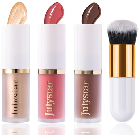 3 Pack Liquid Contour & Highlighter & Blush with Brush, Liquid Contour Bronzer Blush Stick Beauty Wand for Cheeks Eyes Lips Face, Long Lasting Waterproof Highlighter for All Skin Type (Set B)