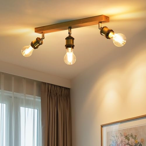 LVWIT Retro Ceiling Light Fitting,3 Way Wood Kitchen Ceiling Lights,Bedroom Lights Ceilings E27,Adjustable Golden Ceiling Light,Spotlight Bar Lighting,Living Room Lighting (NO Bulbs)