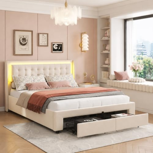 Klädd säng 180x200 cm med LED-belysning, dubbelsäng med hydraulisk förvaring och 2 lådor, förvaringssäng, ungdomssäng med sammetshuvudgavel, beige, utan madrass