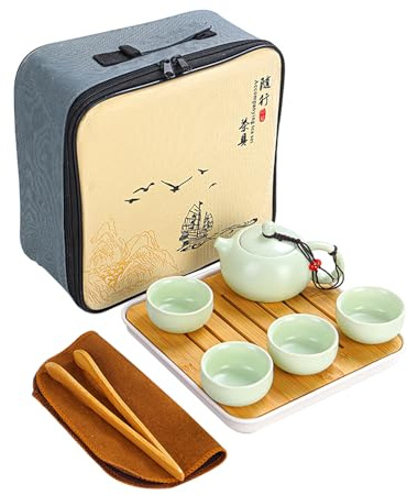 Servizio da Te Cinese, Set da The con Teiera e Tazze Ceramica, Set da Tè Kung Fu Tradizionale Portatile con 1 Teiera, 4 Tazze da Tè, 1 Vassoio da Tè e 1 Borsa da Viaggio (Verde Chiaro)