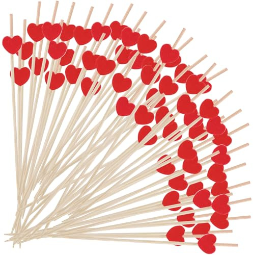 Amabro 100 palillos de bambú en forma de corazón, palillos de dientes para San Valentín para suministros de fiesta, brochetas en forma de corazón, mondadientes para decorar cupcakes, platos de frutas