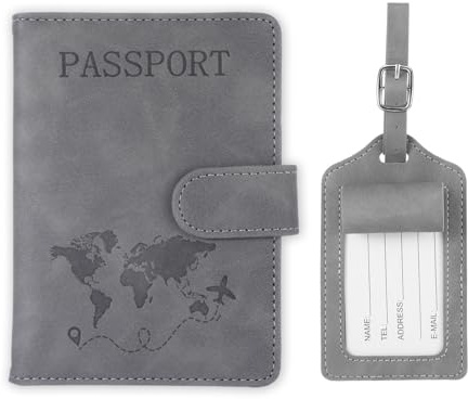 Qiimenguer Étui pour passeport, passeport, passeport et étiquette de bagage en cuir PU, porte-passeport avec rabat RFID pour passeport, cartes de crédit, cartes d'identité et documents de voyage, gris