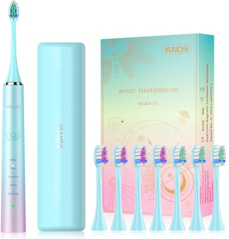 YUNCHI Electric Toothbrushes for Adults and Kids, USB-C Rechargeable Sonic Toothbrush with 5 Modes and 2 Minutes Smart Timer, Soft Bristles 8 Brush Heads and Travel Case, Y7 Blue