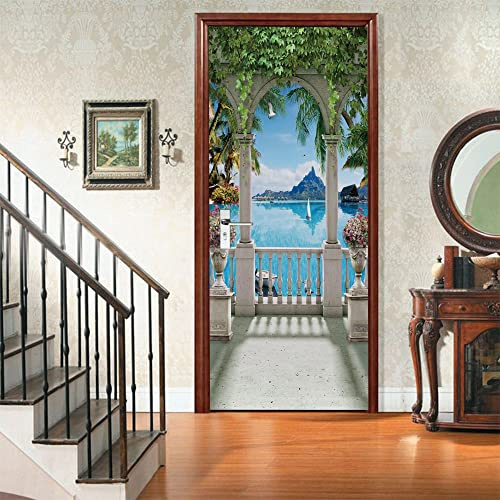Trompe l'oeil Adesivi per Porte Vista mare ad arco Autoadesiva Impermeabile,Vinile PVC, Carta da parati per pareti e porte poster per la camera da letto e il soggiorno 77 x 200 cm
