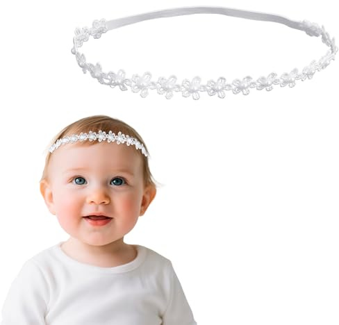 Elastic Baptism Headband for Baby Girl, 16.5 Inch White Flower Christening Baby Head Band Soft Hairband Lace Toddler Hair Bands Hair Accessories for Newborn Kids Infants Outfit Gifts