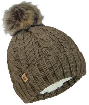 Timberland Women’s Cable Knit Faux Fur Pom Beanie - Soft Winter Hat, Ribbed Cuff, Warm Lining, Stylish Cozy Cold Weather Wear, Chocolate Chip, One Size