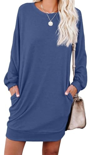 PrinStory - Abito da donna in pullover, abito casual con scollo rotondo, in felpa con tasche, blu jeans, L