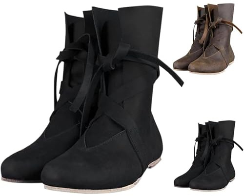 Stivali Medievali da Uomo e Donna, in Pelle PU Retro Cowboy per Cosplay, Stivali Morbidi e Comodi, in Pelle, per Tempo Libero, Stivali Piatti a Mezzo Gambale Estivi, Morbidi e Comodi, con Lacci