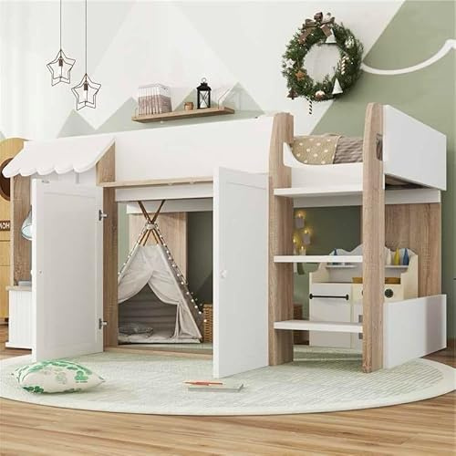 BTM High Sleeper Bed with Storage Cabinets and 3-step Ladder, 3ft-90X190cm Single Bed for Kids, Pine + MDF + Plywood, White, No Mattress