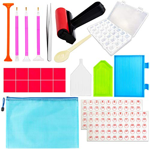 5D Diamant Malzubehör 24 DIY Diamond Painting Werkzeug und Zubehör Packung mit 28 Fächer Diamant Sortierbox,Stift, Pinzette, Roller,Klebeton,Kunststoffschale für Kunst Handwerk