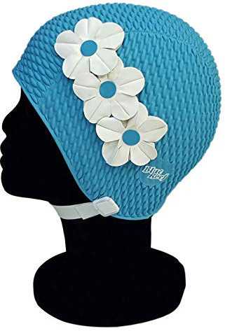 Blue Reef Bonnet de bain Tunis Bubble pour femme Motif floral 3 fleurs 2 rangées de couleurs 3D Style vintage élégant Bonnet de bain Taille unique adulte Taille moyenne avec sangle réglable