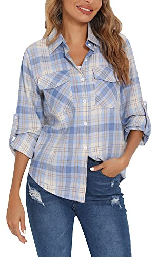 Enjoyoself 100% Cotton Women Flannel Plaid Shirt Blouse Long Sleeve Button Down Boyfriend Casual Check Shirts Classic Tops