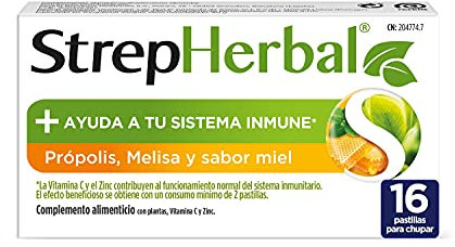 StrepHerbal Propolis y Melisa con Vitamina C y Zinc para el sistema Inmunitario, Sabor Miel - 16 pastillas para chupar