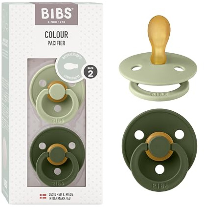 BIBS Colour Symmetrical Soother 2-Pack, BPA Free Dummy Pacifier, Symmetrical Nipple. Natural Rubber Latex, Made in Denmark. 6-18 Months (Pack of 2), Sage/Hunter Green