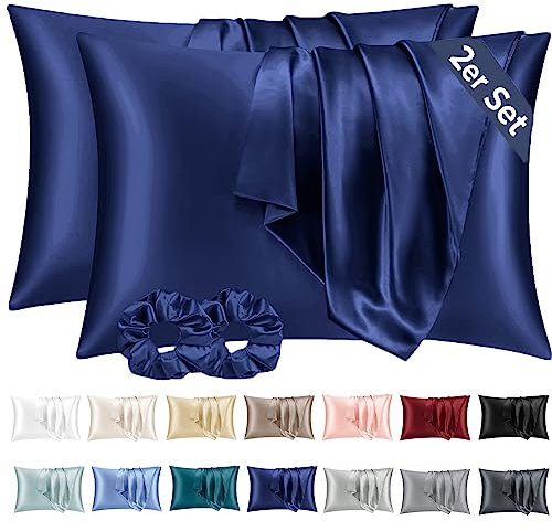 Vielit 2er Set Satin Kissenbezug 50x80 Dunkelblau, Weich wie Seidenkissenbezug,Bessere Pflege als Silk Pillosecase,Satin Kopfkissenbezug 50x80 Kissenhülle für Haar und Haut mit 2 Haargummis