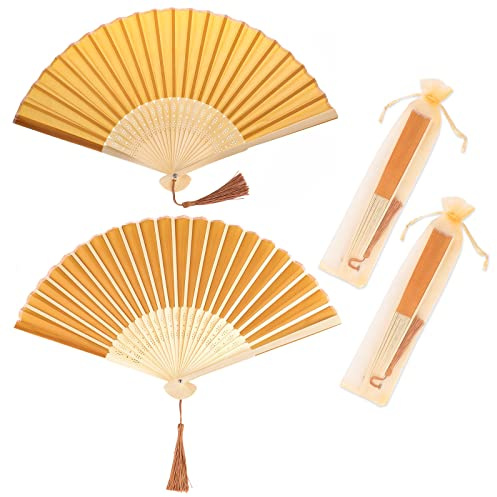 Vaktop Handfächer, 2er Klein Handfächer aus Stoff für eine Abkühlung im Sommer, Faltbar Fächer mit Quaste und Fan-Tasche - für Hochzeite Bevorzugung Aufführung Tanz Dekoration (Gold)