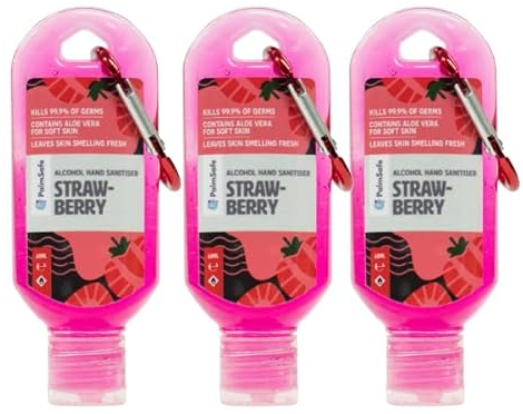 Palm Safe Strawberry 3 Pack 60ml Anti Bacterial Premium Hand Sanitiser Travel Size Refillable Clip Bottle Quick Drying Non Sticky Extra Moisturising Kills 99.9% of Viruses and Bacteria