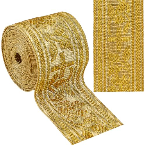 GORGECRAFT Nastro Jacquard Etnico in Poliestere da 4.6 Metro Larghezza 39mm Motivo A Croce Motivo A Ricamo Vintage Tessuto per Cucire Abbigliamento Tende Tappezzeria Confezioni Regalo Applique Oro