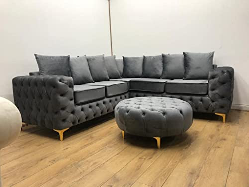 Lyxig modern grå plysch sammet Chesterfield-soffa Ashley stoppad 1-sits hörnsoffa för vardagsrum snygg utspridd design