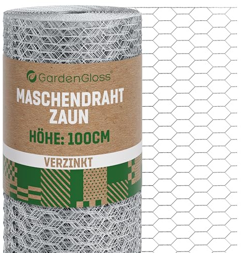 GardenGloss Maschendrahtzaun 100cm Höhe - Verzinkt Sechseckgeflecht Engmaschig 13mm x 25mm - Hasendraht Kaninchendraht Kükendraht Zaun Hasenzaun Drahtzaun Kleintierzaun - 100cm Hoch 10m Lang