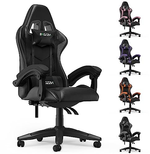 bigzzia Sedia Gaming con Cuscino Lombare e Poggiatesta, Poltrona da Gioco Regolabile in Altezza, per Ufficio, Sedia Ergonomica Gaming per Adulti，Adolescenti (Nessun RGB, Nero)
