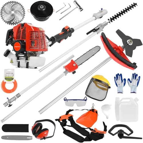 Outil de jardin multifonction 5 en 1 à essence 52 cc - Coupe-bordure et débroussailleuse - Sécateur à chaîne avec manche d'extension de 75 cm