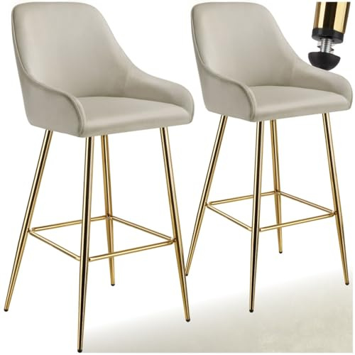 tectake® Taburete Alto con Respaldo, Acolchado, Terciopelo Suave, Patas Acero Galvanizado, Pies Antideslizantes, Altura Ajustable, Carga Máx: 120 kg, Silla Cocina o Bar - 2 sillas Crema/Oro