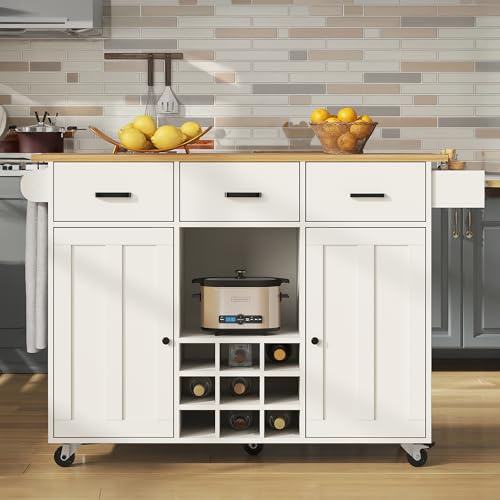 Huayz Carrello a isola da cucina con piano di lavoro pieghevole, mobile da cucina su ruote, con 3 cassetti, portaspezie e 2 ante, isola da cucina mobile, per cucina e sala da pranzo