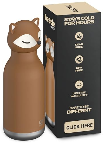 ASOBU Bestie Kindertrinkflasche mit Strohhalm – Isolierte Edelstahlflasche 420ml mit Fuchskopf – Auslaufsicher & BPA-frei