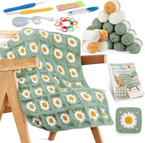 Houkiper Crochet Blanket Kit for Beginners, Granny Square Starter Kit