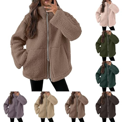 Generisch Teddy, giacca in pile da donna, calda e spessa, con cerniera a due vie, in tinta unita, con tasche e chiusura lampo, cappotto invernale., marrone, S