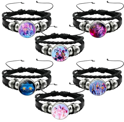 6-pack Demon Hunters barnarmband, flätat läder, tillbehör, justerbar, med Zoey Rumi, Mira anime-fans, smycken för flickor, perfekt för födelsedag, jul, cosplay och
