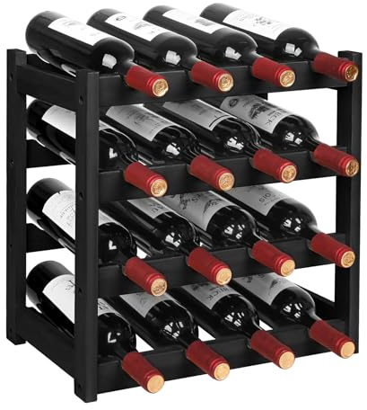 VASMIA Scaffale per vino, Scaffale per Vino in Bambù a 4 Ripiani da Banco, Mobiletto per Conservazione Vino Robusto e Durevole, Supporto per 16 Bottiglie per Cucina o Dispensa, Nero