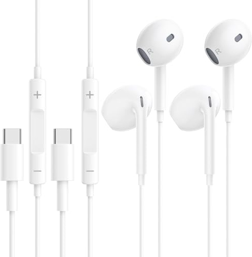 2-pack trådbundna hörlurar USB C för iPhone 17 16 15, hörlurar med kablar USB C, iPhone-hörlurar kabelanslutna med volymkontroll och mikrofon för Samsung Galaxy S23 S22 S21 FE iPad Pro Huawei Google