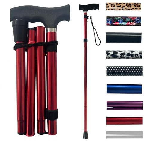 Life Healthcare Folding Walking Stick–Adjustable Height Lightweight Aluminium Cane for Elderly Disabled Men & Women–Non-Slip Rubber Tip Ergonomic Handle & Travel-Friendly Design (Red)