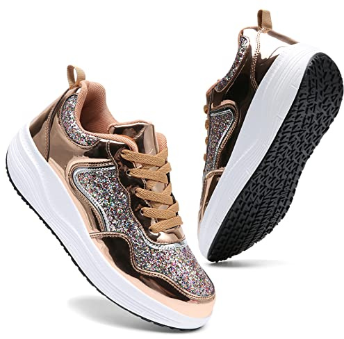 DADAWEN Women's Glitter Platform Wedge Athletic Tennis Walking Shoes Sparkly Sequin Lightweight Non Slip Casual Comfort Fashion Sneakers Gold US Size 6