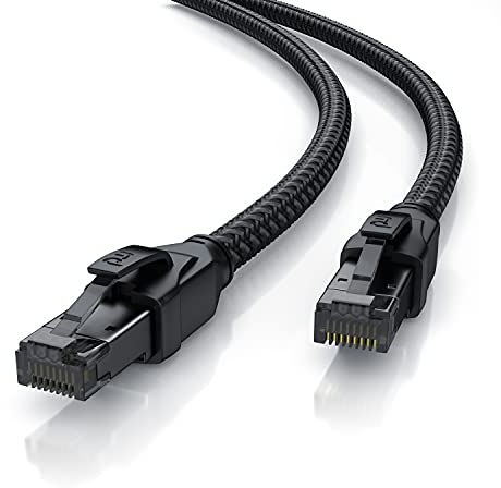 CSL - CAT8.1 Netzwerkkabel 40 Gbits - 20m - Baumwollmantel - Black Series - LAN Kabel Patchkabel RJ45 - CAT8 Gigabit Ethernet Cable - 40000 Mbits - S/FTP PIMF Schirmung - kompatibel zu CAT6 CAT7