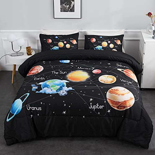 Lunoroey Solar System Duvet Cover Set King Galaxy Outer Space Bedding Set 3 Pieces 1 Universe Planets Theme Duvet Cover and 2 Pillow Cases for Boys Kids Ultra-Soft Microfiber All Seasons