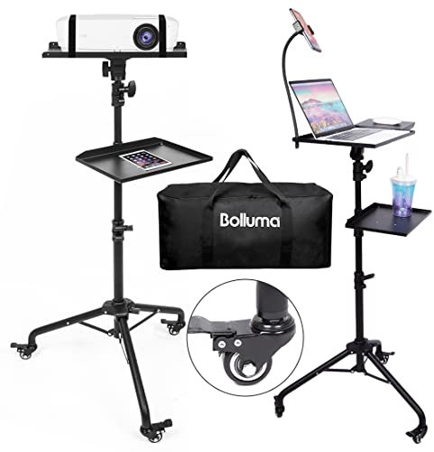 BOLLUMA Projector Tripod Stand, Laptop Floor Stand with 3 Swivel Castors and Carry Bag, Adjustable Height 81-130cm with Phone Holder, for Laptop, Projector, DJ Device, Home, Stage, Studio and Movie