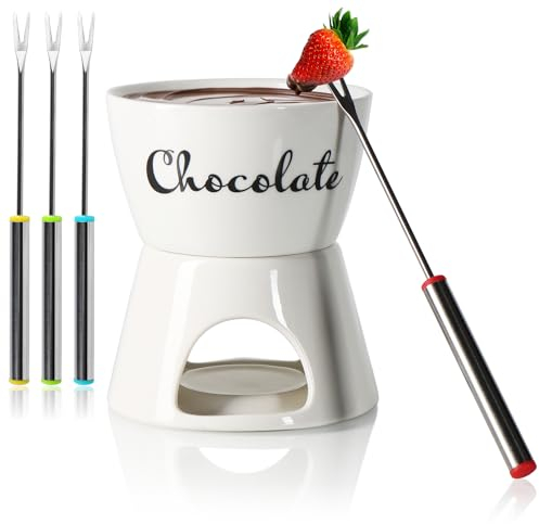 COM-FOUR® Set per Fonduta di Cioccolato con Scritte - Crogiolo per Cioccolato e Formaggio - Ciotola in Ceramica con Portacandele e 4 Forchette - Ciotola per Crogiolo per 4 Persone (bianco - scritte)