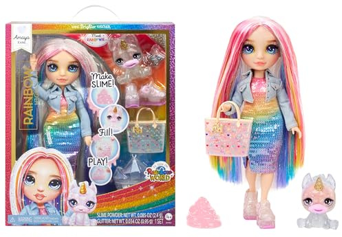Rainbow High Amaya, Rainbow with Slime Kit & Pet, 11 Shimmer Posable Fashion Doll with DIY Sparkle Slime, Magical Yeti Pet, Fun Play Accessories, Great Toy Gift for Girls Kids Ages 4-12 Years