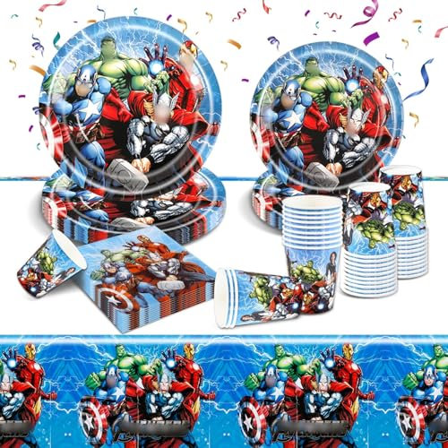 Geburtstagsdeko Partygeschirr Set- 51Pcs Geburtstag Geschirr Tableware Kindergeburtstag Teller Kit Partyzubehör Supplies mit Servietten Tischdecke Pappbecher Pappteller Kinder Party Deko für 10 Gäste